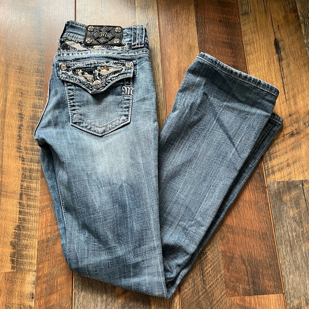 Miss Me Blue Boot Cut Jeans with Vintage Wash and Decorative Stitching